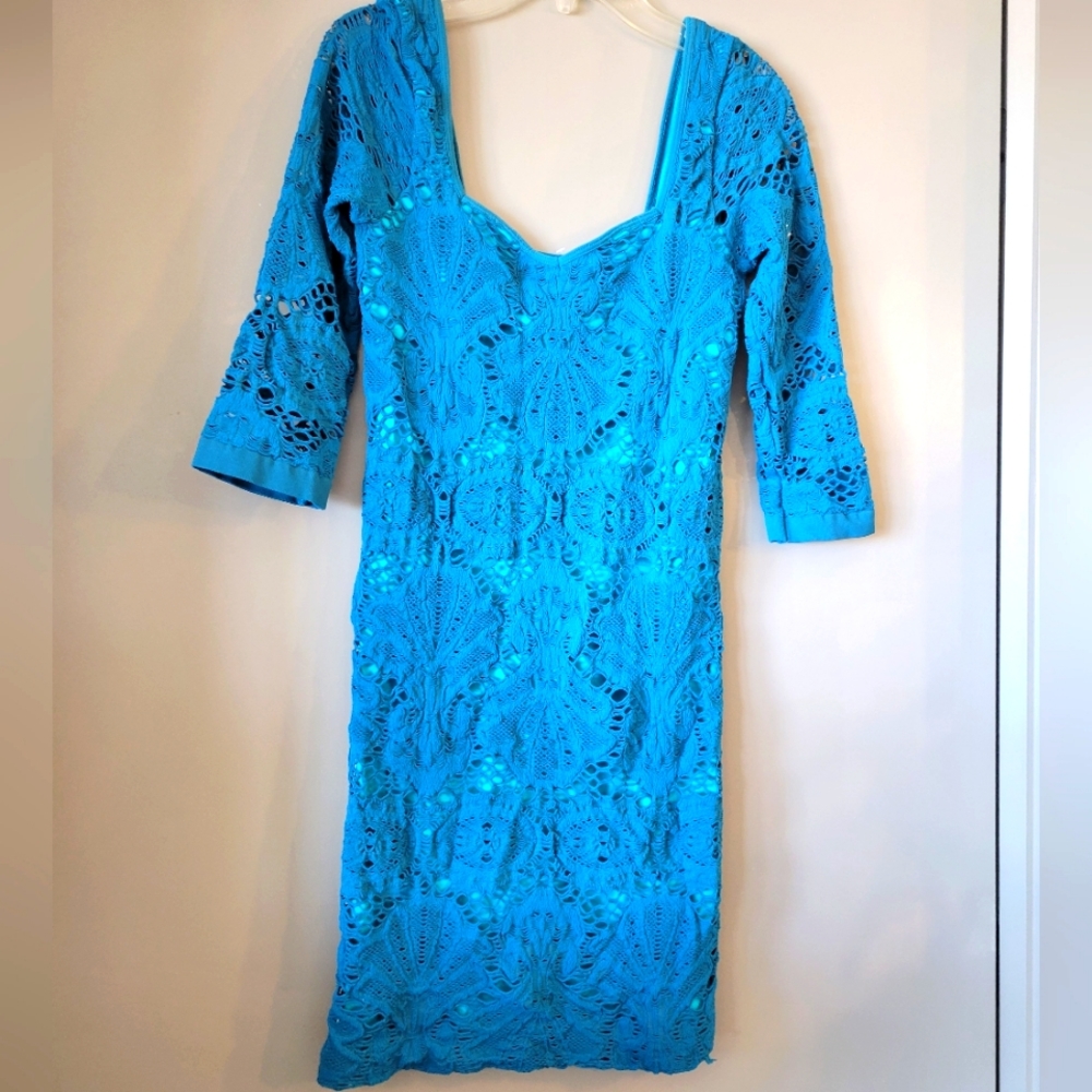 Intimately Yours Free People teal crochet stretchy dress